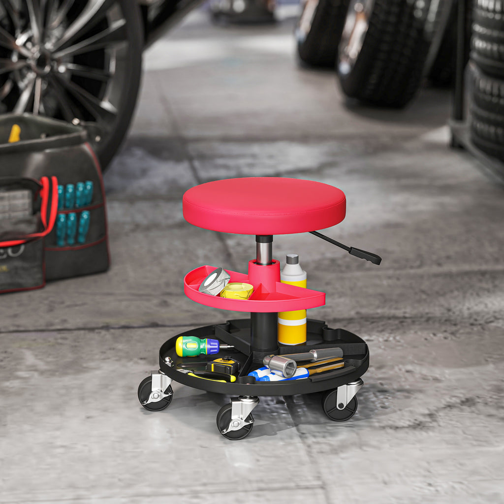 HOMCOM Workshop Stool with 6cm Wheels, Capacity up to 135kg, Adjustable Height 40-51cm, with Tool Trays, Red