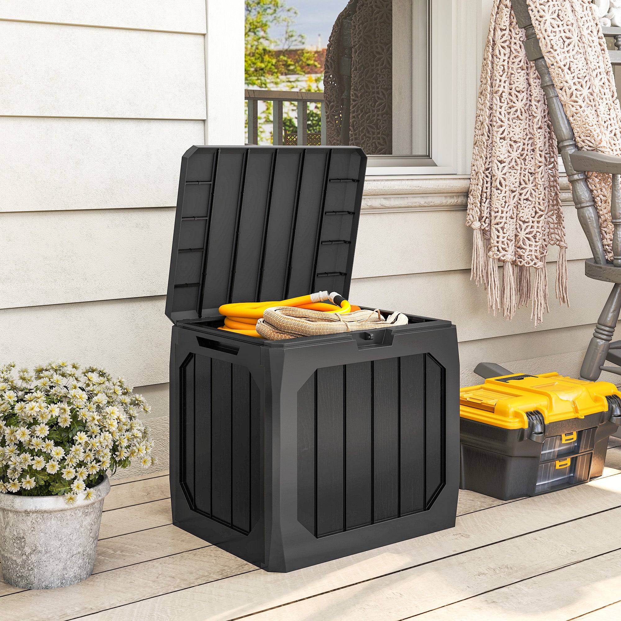 Outsunny 121L Plastic Garden Storage Chest with Handles and Waterproof, 56x45x53 cm, Black