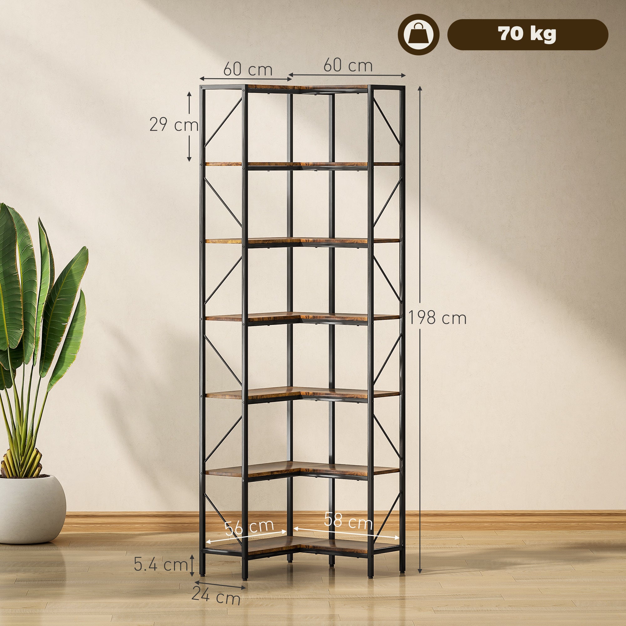 7-Tier Industrial Corner Bookcase, Wood and Steel, 60x60x198 cm, Rustic Brown