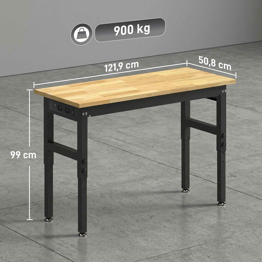 HOMCOM Height-Adjustable Wood and Steel Workbench, 2 AC Outlets, 900 kg Capacity, Wood and Black Color