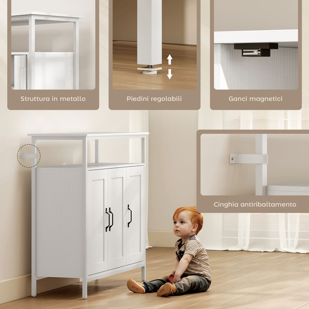 Kitchen Sideboard with Open Shelf and 2 Cabinets, Wood and Steel, 100x35x88 cm, White