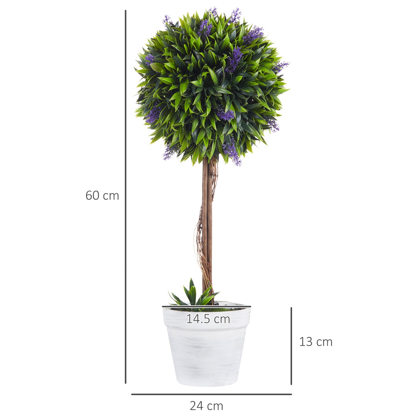 Set of 2 Artificial Green Sphere Plants with Lavender Flowers and Vase with Moss and Cement, Ø24x60 cm