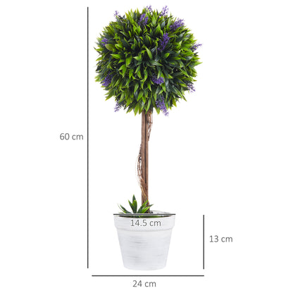 Set of 2 Artificial Green Sphere Plants with Lavender Flowers and Vase with Moss and Cement, Ø24x60 cm