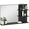 Modern Bathroom Mirror with 2 Side Shelves and Bottom Shelf, in Wood and Glass, 75x10x48 cm, Black