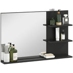 Modern Bathroom Mirror with 2 Side Shelves and Bottom Shelf, in Wood and Glass, 75x10x48 cm, Black