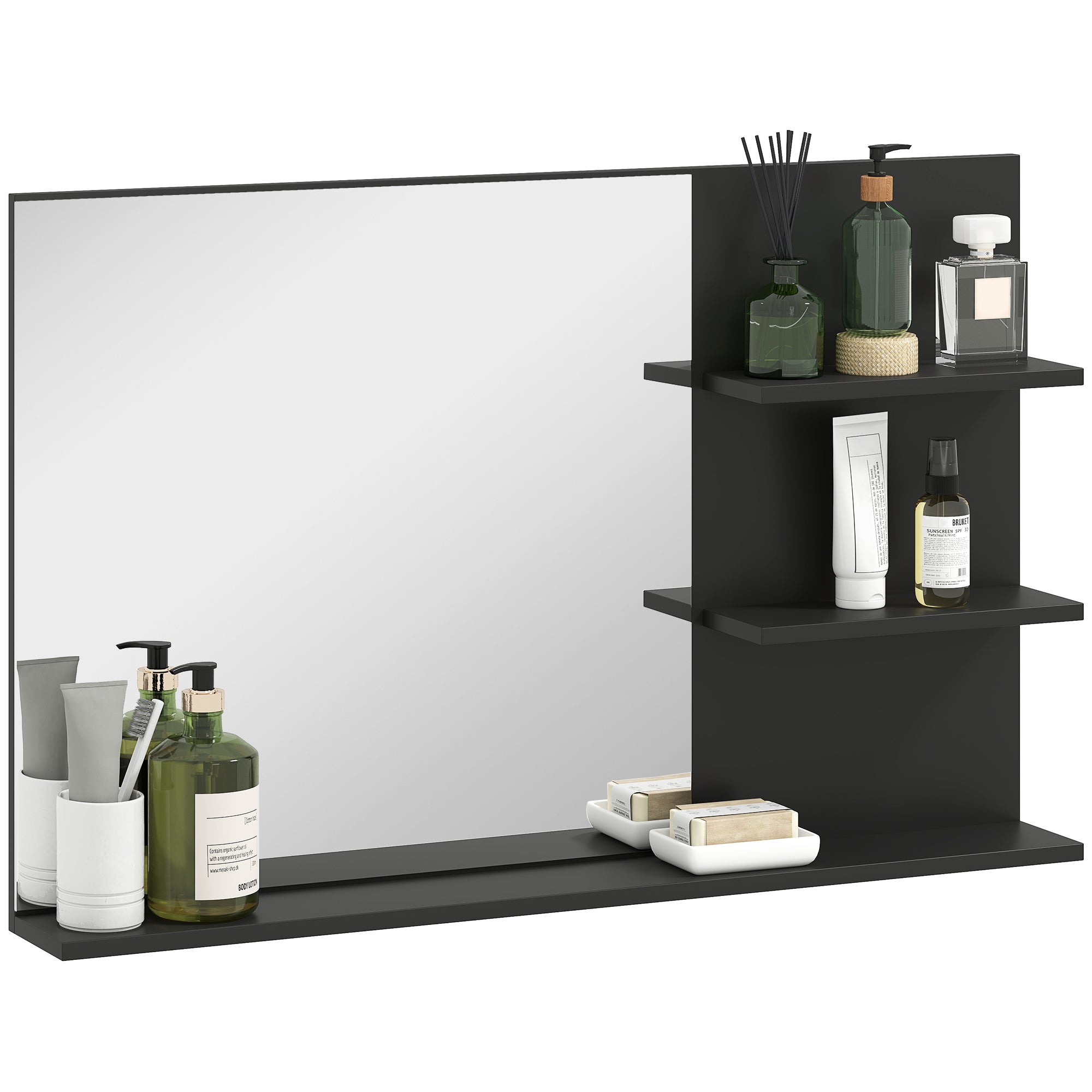 Modern Bathroom Mirror with 2 Side Shelves and Bottom Shelf, in Wood and Glass, 75x10x48 cm, Black