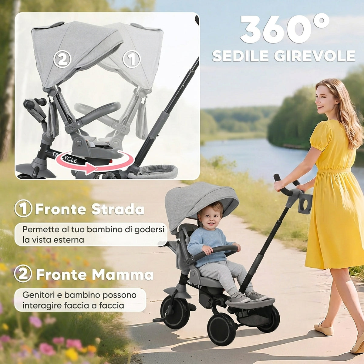 AIYAPLAY 6-in-1 Children's Tricycle with Push Handle and Swivel Seat, 111.5x52x98 cm, Grey