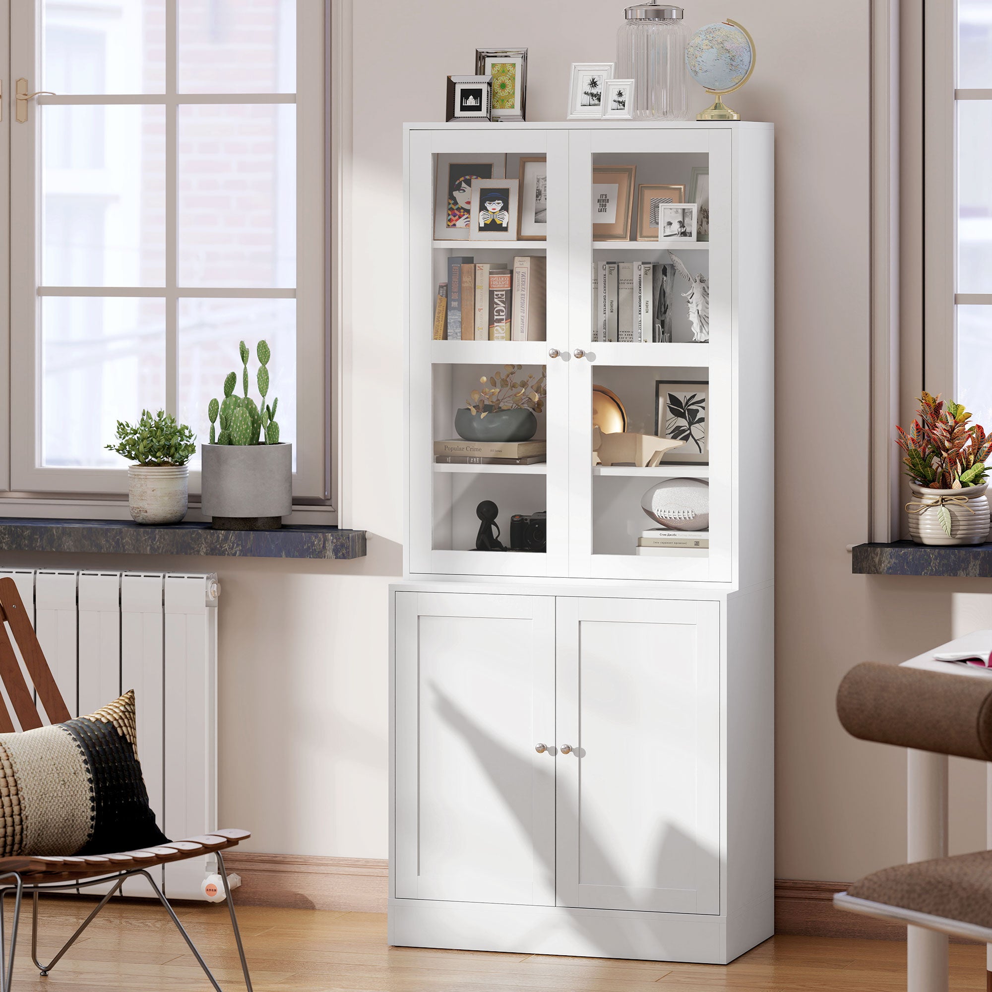 Bookcase with 2 Cabinets, Adjustable Shelves and Glass Doors, 76x40x178.5 cm, White
