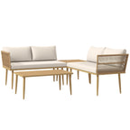 PE Rattan Outdoor Lounge Set with 2 2-Seater Sofas with Cushions and 2 Coffee Tables, Wood Color