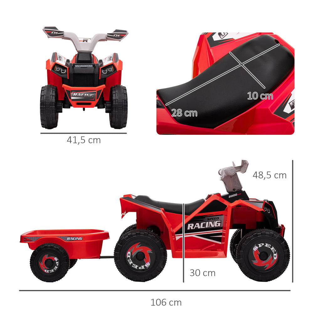 HOMCOM Electric Quad Bike for Kids with Trailer, Pedal, Forward and Reverse Gears, 2.5 km/h, for 18-36 Months, Red
