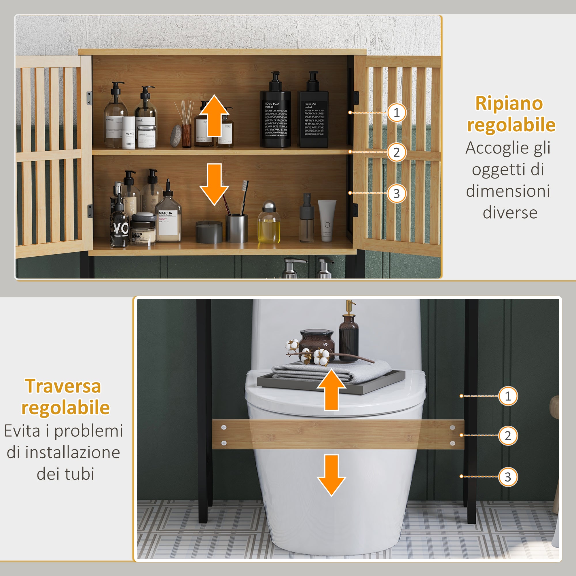 HOMCOM Cabinet Above Toilet with Cabinet 2 Slatted Doors and Open Shelf, 60x21.5x172cm, Wood Color - Borgè