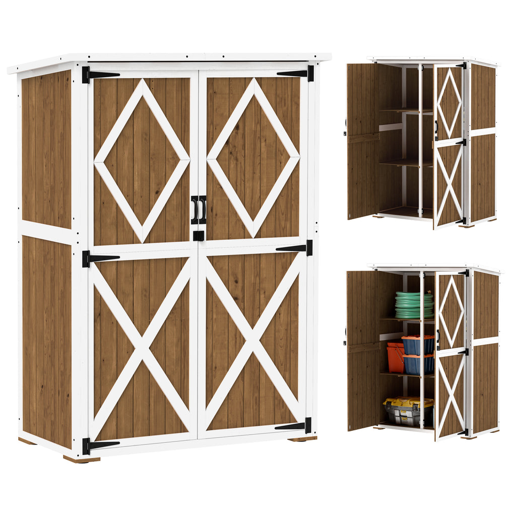 Garden Shed in Fir Wood with 2 Shelves and 2 Doors, 116.5x57x159/167 cm, Brown and White