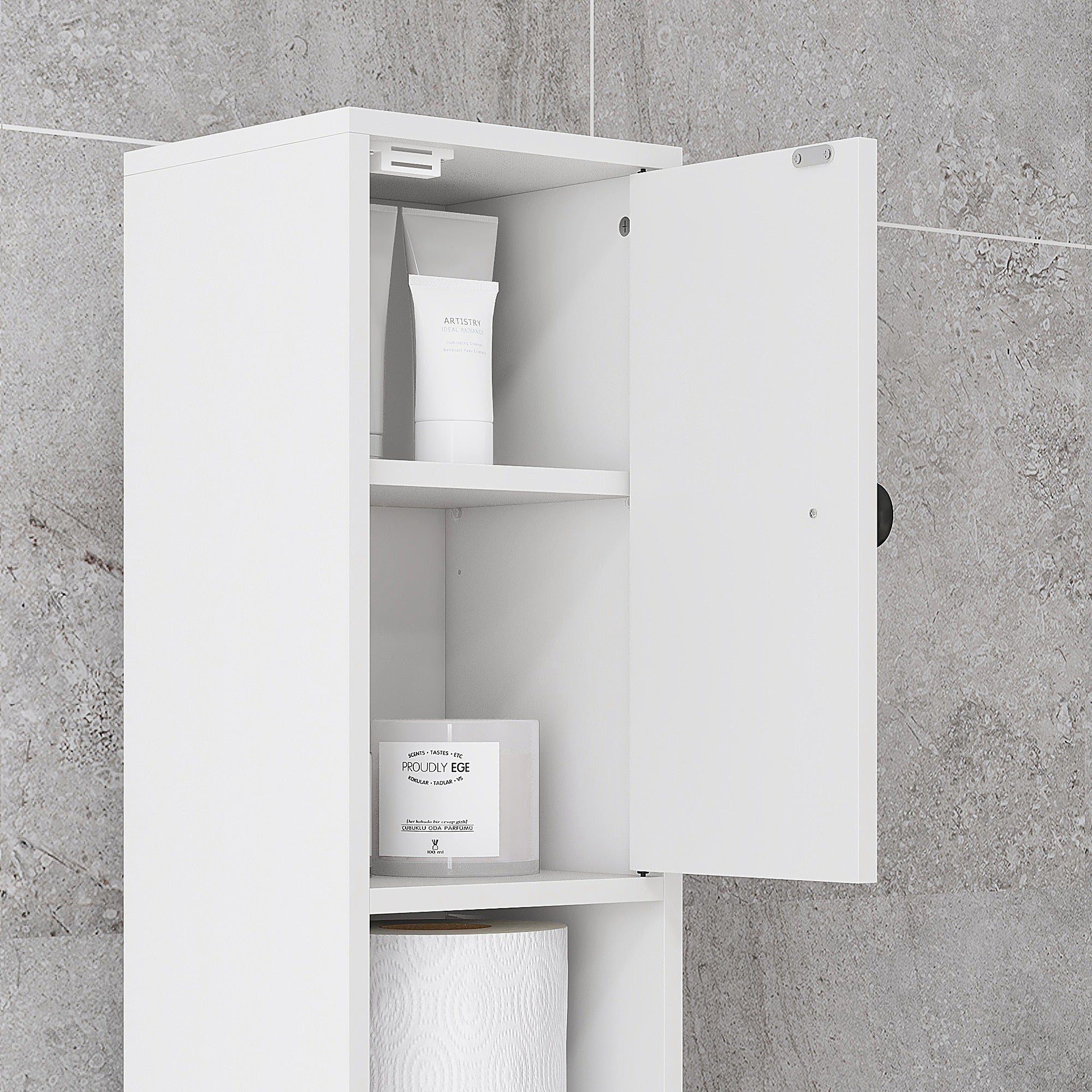 kleankin Bathroom Cabinet with Drawer, 2 Cabinets and 4 Open Shelves, Wooden, 20x20x180 cm, White