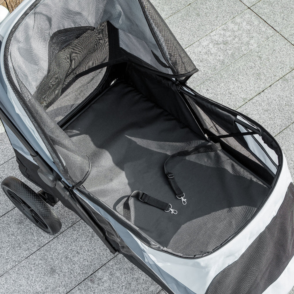 Large Dog Stroller Foldable with Mesh Windows, Cushion and Leashes, 124x67x100 cm, Grey
