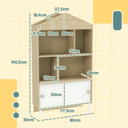 AIYAPLAY Wooden Children's Bookcase with Open Shelves and Lower Cabinet, 80x30x140.5 cm, White and Wood Color