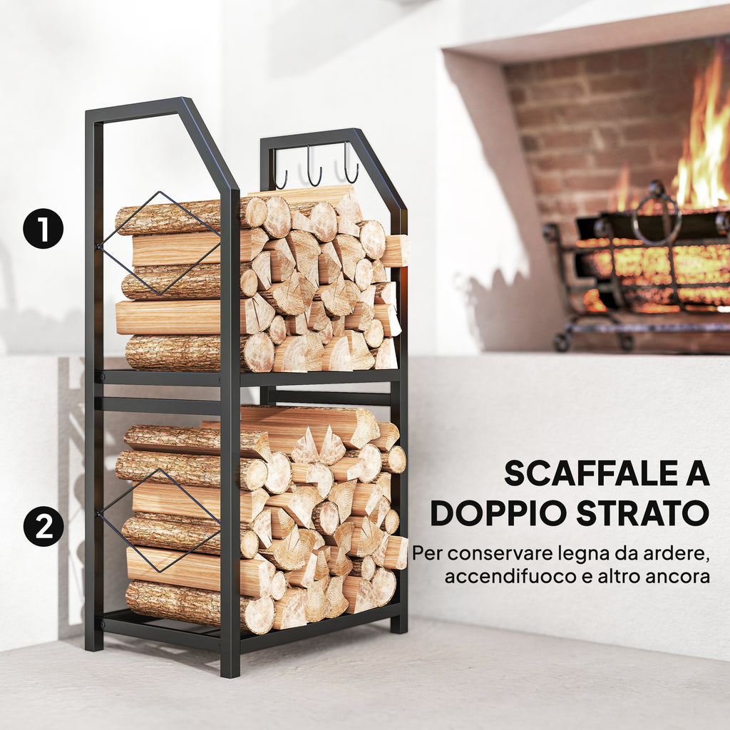 2-Tier Indoor and Outdoor Log Rack with 3 Side Hooks in Steel, 41x30x81 cm, Black