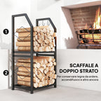 2-Tier Indoor and Outdoor Log Rack with 3 Side Hooks in Steel, 41x30x81 cm, Black