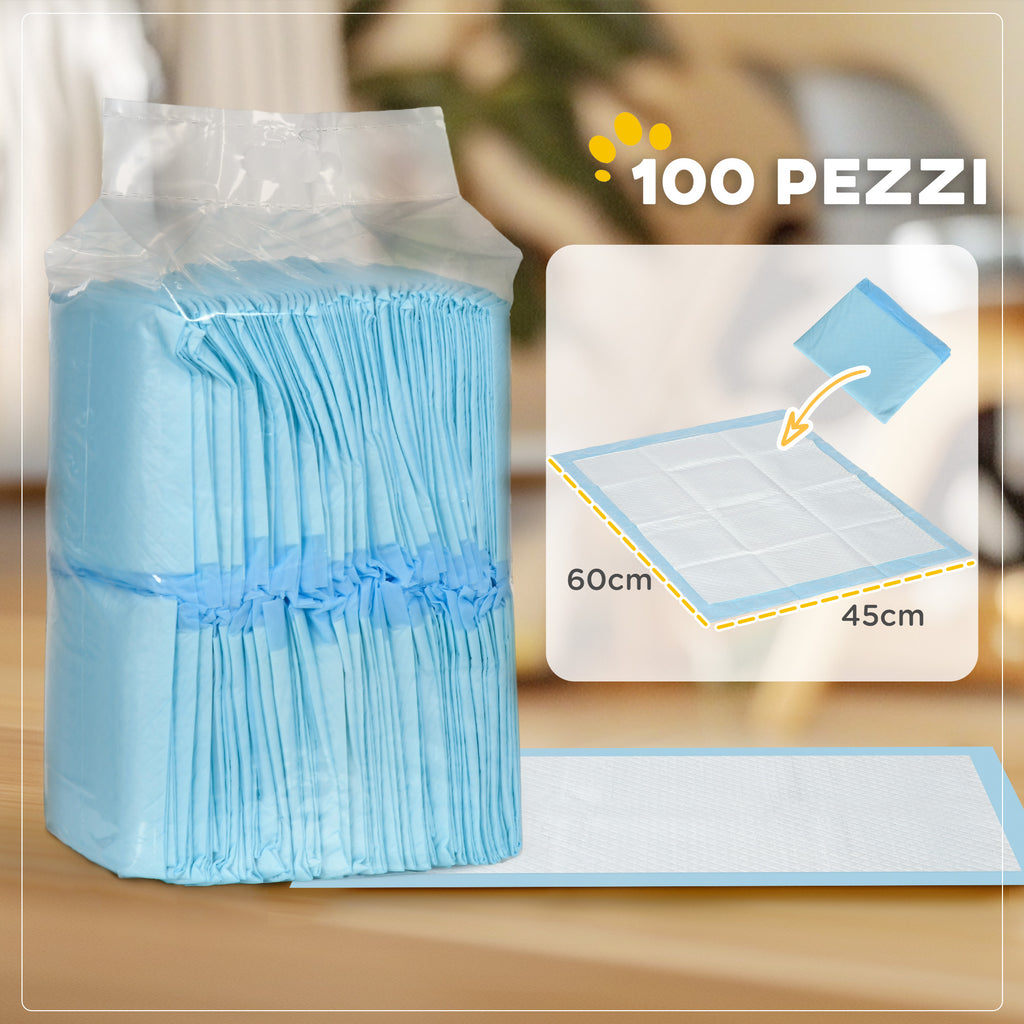 Set of 100 6-Layer Non-Woven, Paper, and PE Dog Toilet Pads, 45x60 cm, Blue and White