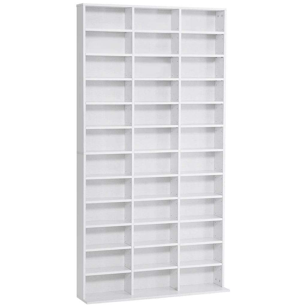 Wooden CD Bookcase with 3 Columns and 12 Adjustable Shelves, 102 x 23.5 x 195 cm, White