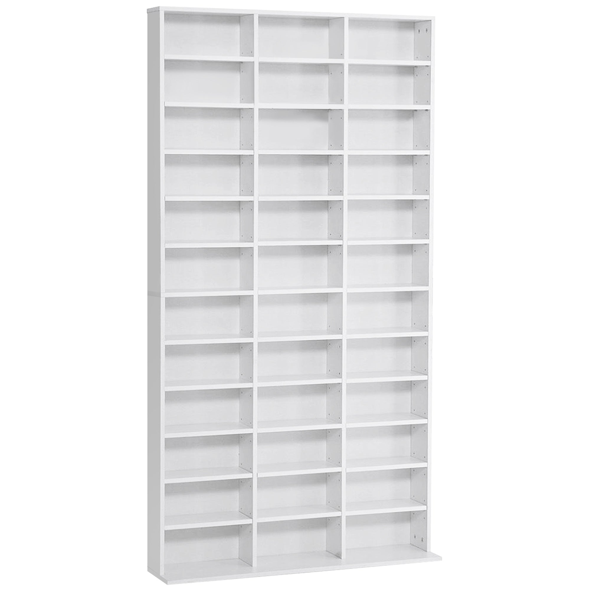 Wooden CD Bookcase with 3 Columns and 12 Adjustable Shelves, 102 x 23.5 x 195 cm, White