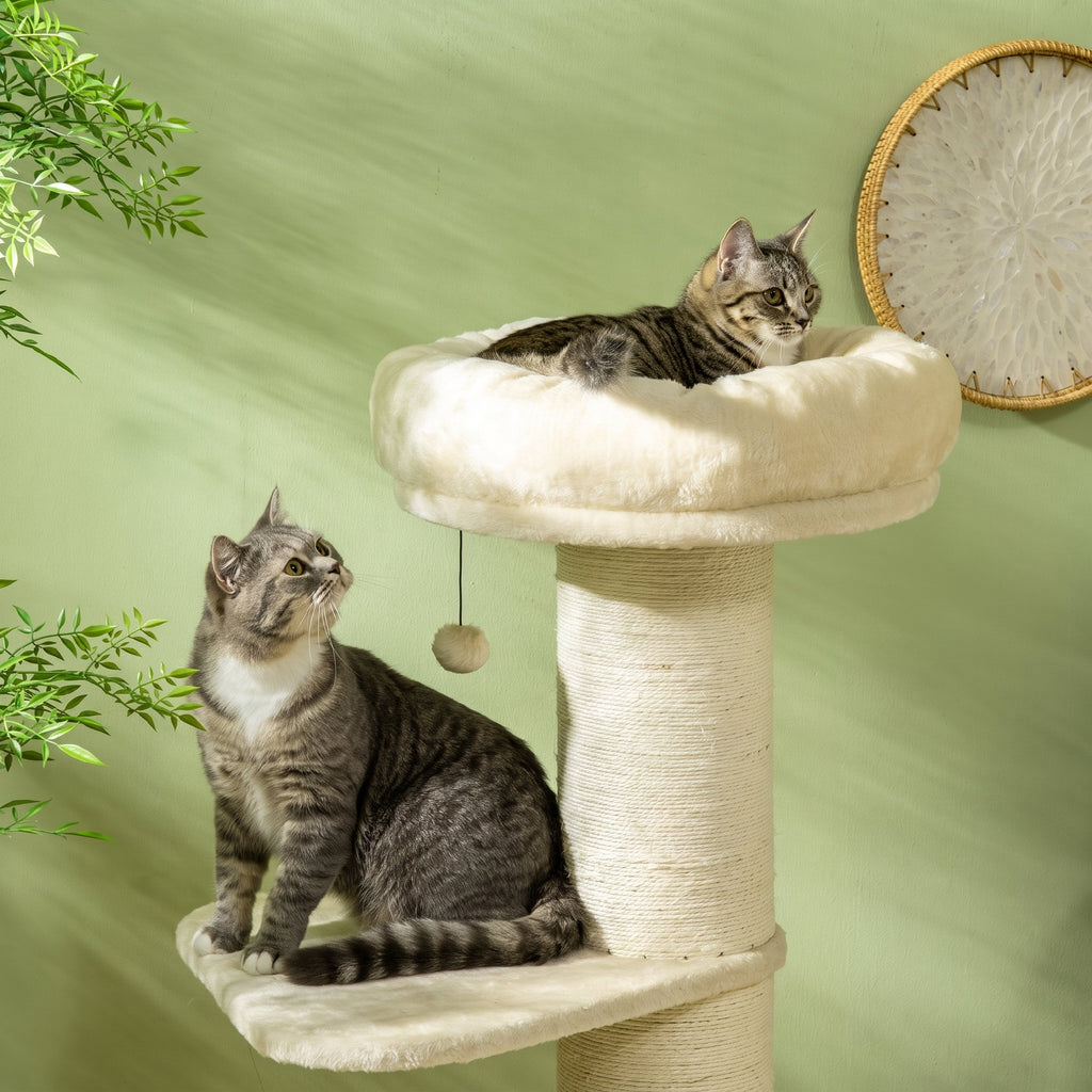 PawHut Cat Scratching Post, 105cm Tall, with Sisal Scratching Post, Basket, Hanging Ball, Plush Toy, Beige