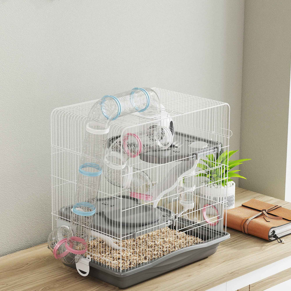 PawHut 3-Tier 14-Tube Hamster Cage with House, Ramp, and Accessories, Metal and Plastic, 45x30x45 cm, Grey