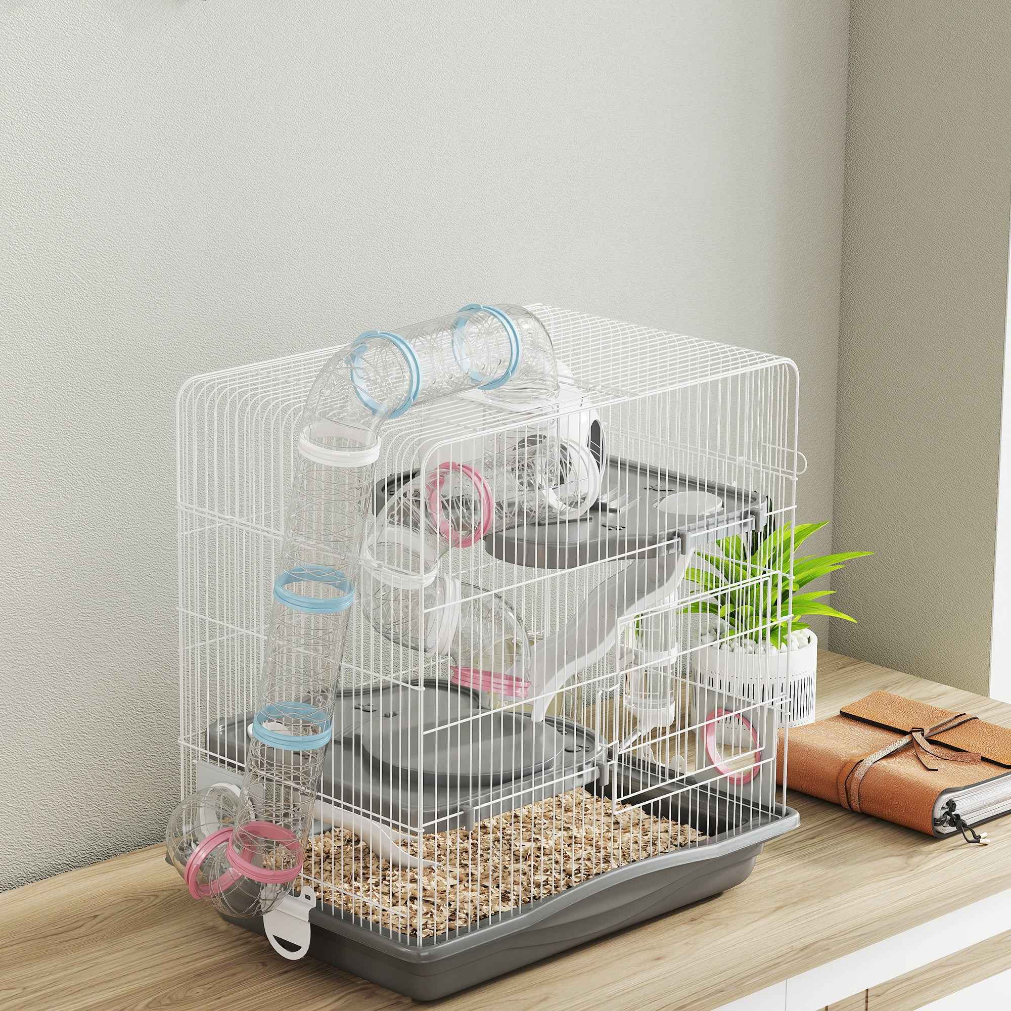PawHut 3-Tier 14-Tube Hamster Cage with House, Ramp, and Accessories, Metal and Plastic, 45x30x45 cm, Grey