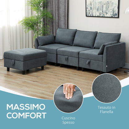 Modern  3 Seater Modular Sectional Sofa with Footrest and Cushions, Flannel Upholstery, Dark Grey