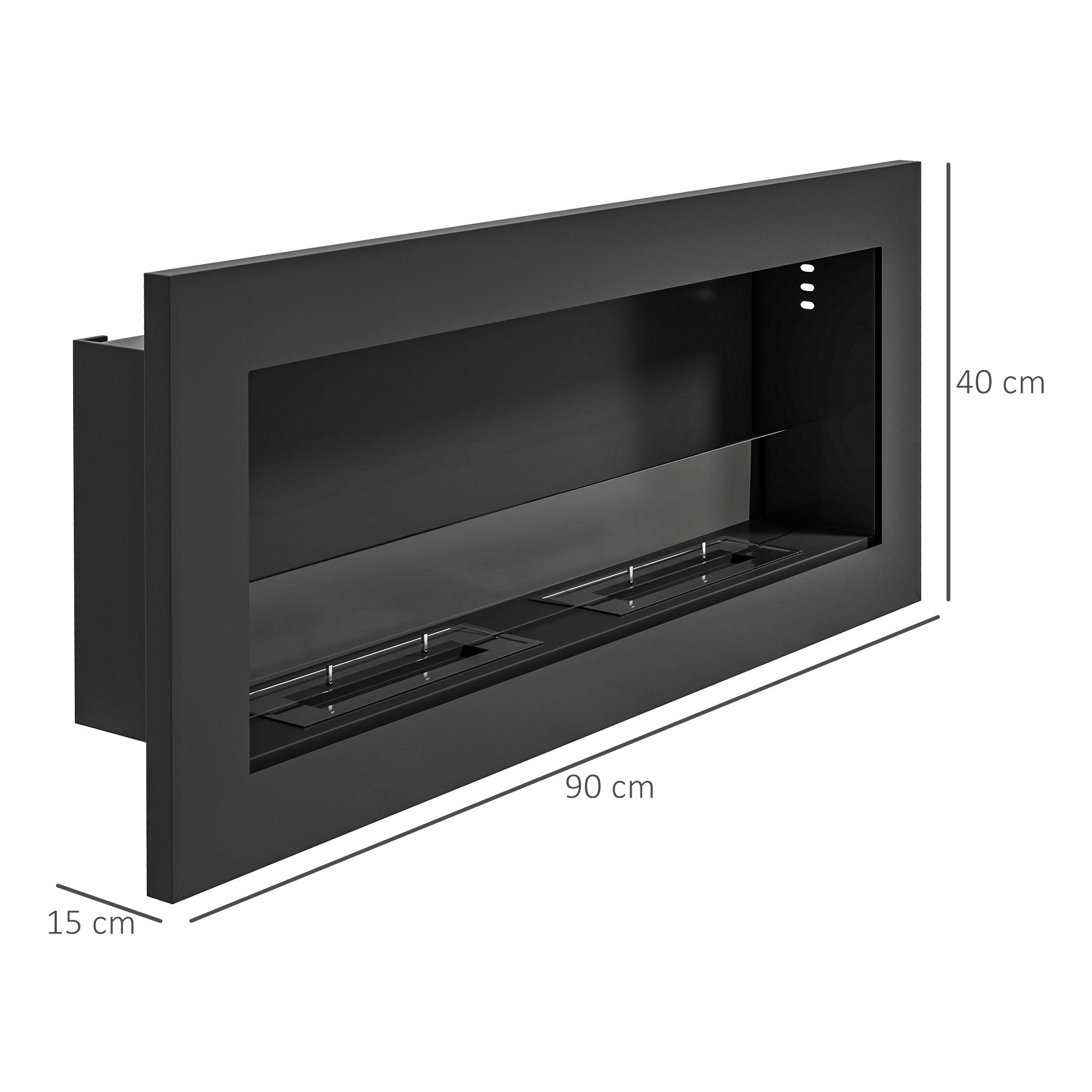 Built-in Bioethanol Fireplace in Stainless Steel, 2 x 0.85L Burners for 3 Hours of Burning, 90x15x40cm, Black