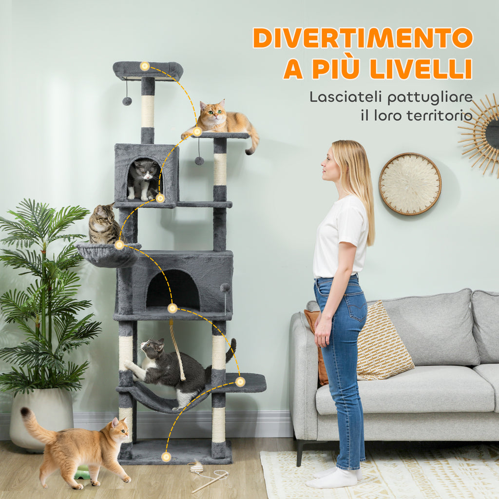 Cat Tree, 202 cm Tall, with 6 Sisal Posts, 2 Houses, 2 Hammocks and a Bed, Grey