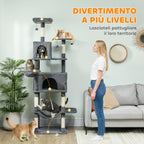 Cat Tree, 202 cm Tall, with 6 Sisal Posts, 2 Houses, 2 Hammocks and a Bed, Grey