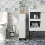 kleankin Narrow Bathroom Cabinet with Wheels, Sliding Doors, Adjustable Shelves and 2 Toilet Paper Holders, White
