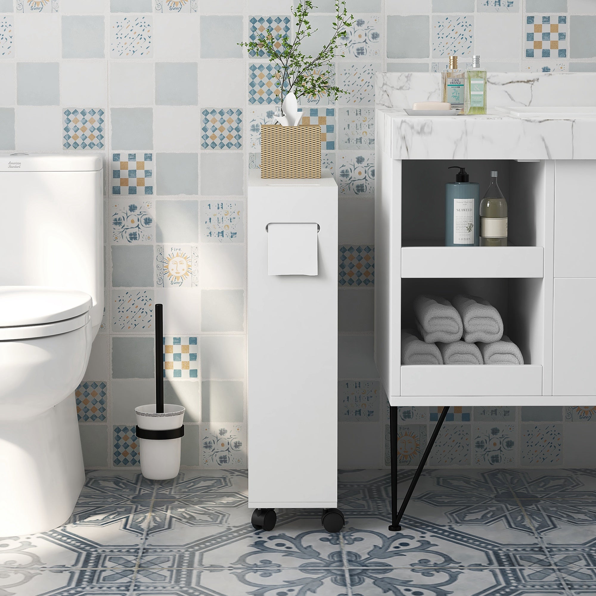 kleankin Narrow Bathroom Cabinet with Wheels, Sliding Doors, Adjustable Shelves and 2 Toilet Paper Holders, White