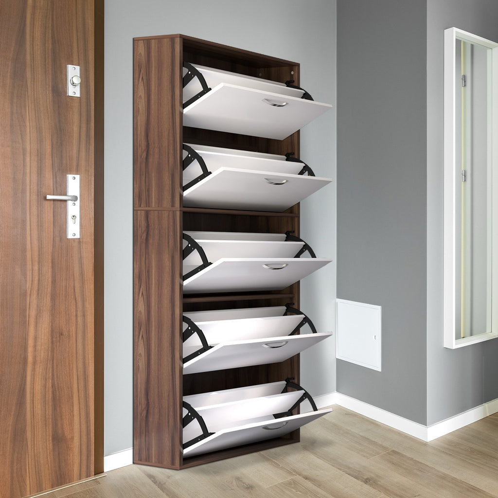 Slim 5-Tier Shoe Rack with 2 Shelves per Level, in MDF, 60x28x189 cm, White and Brown - Borgè