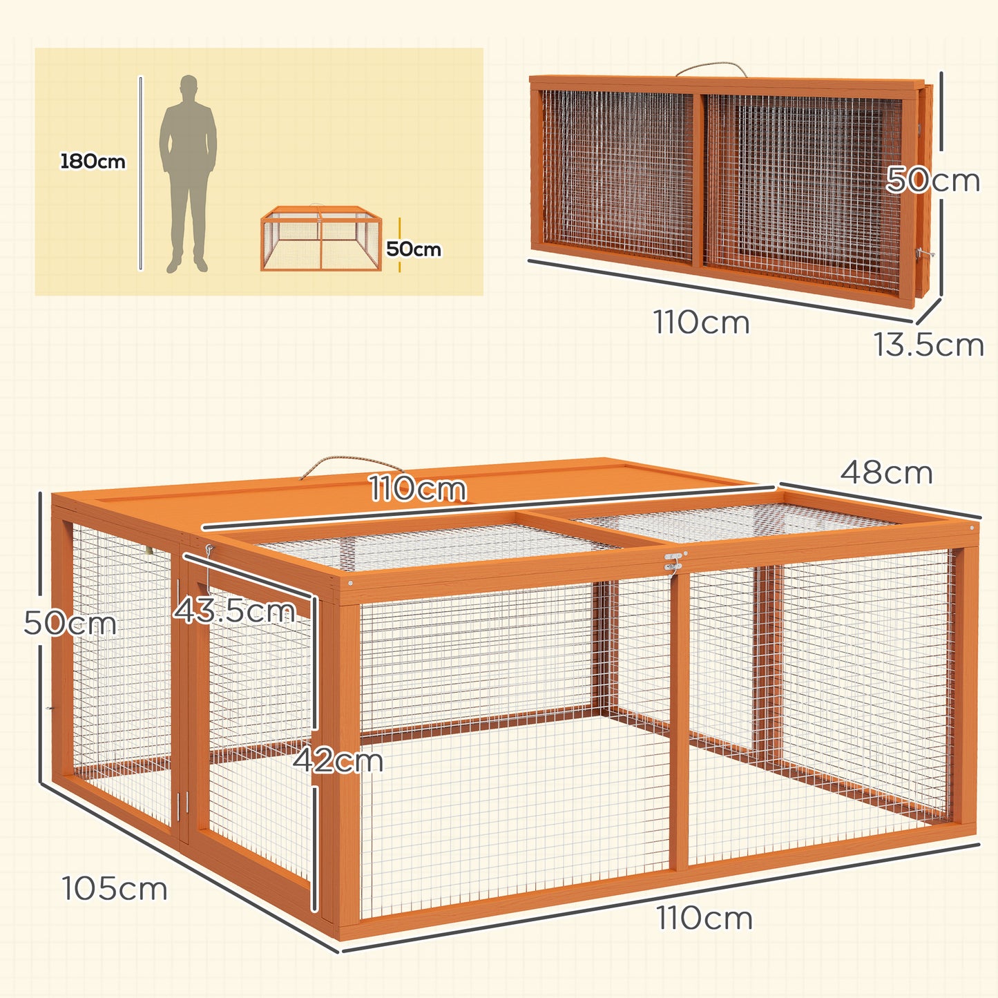 PawHut Folding Outdoor Hutch for 2-3 Rodents with Multiple Entrances, in Wood and Steel, 110x105x50 cm, Orange - Borgè