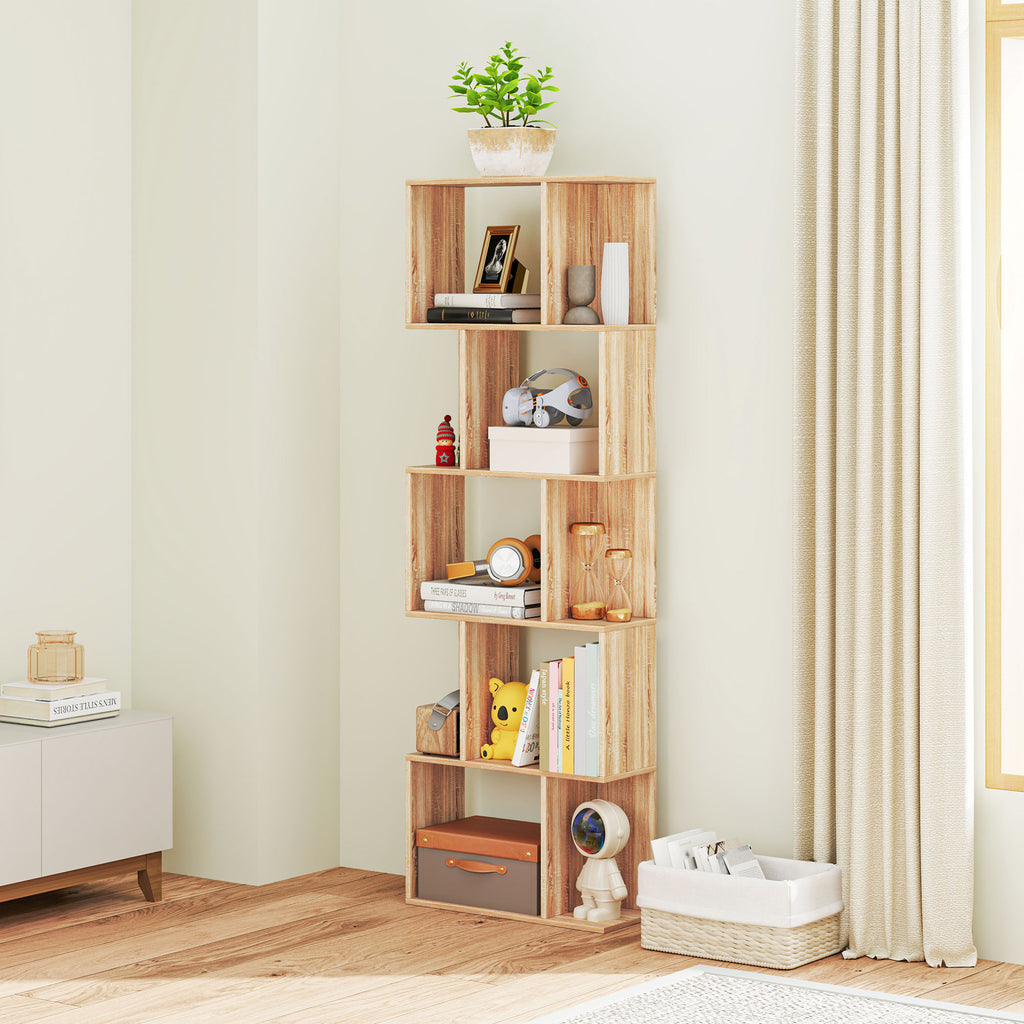Wooden Bookcase Cabinet with 5 Shelves with Divider, 60x24x184.5 cm, Wood Color