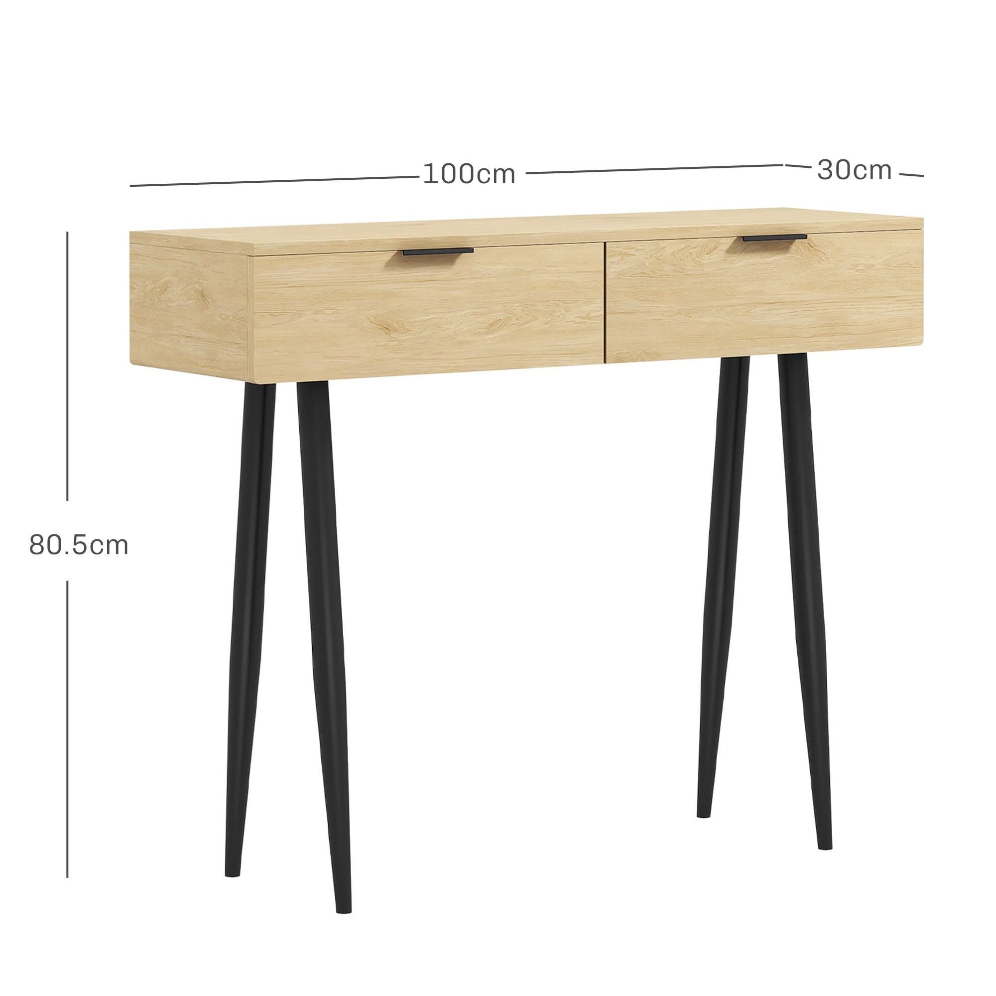 Nordic Style Entrance Console Table with 2 Drawers in Wood and Steel, 100x30x80.5 cm, Oak