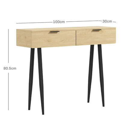 HOMCOM Nordic Style Hallway Console with 2 Drawers in Wood and Steel, 100x30x80.5 cm, Oak