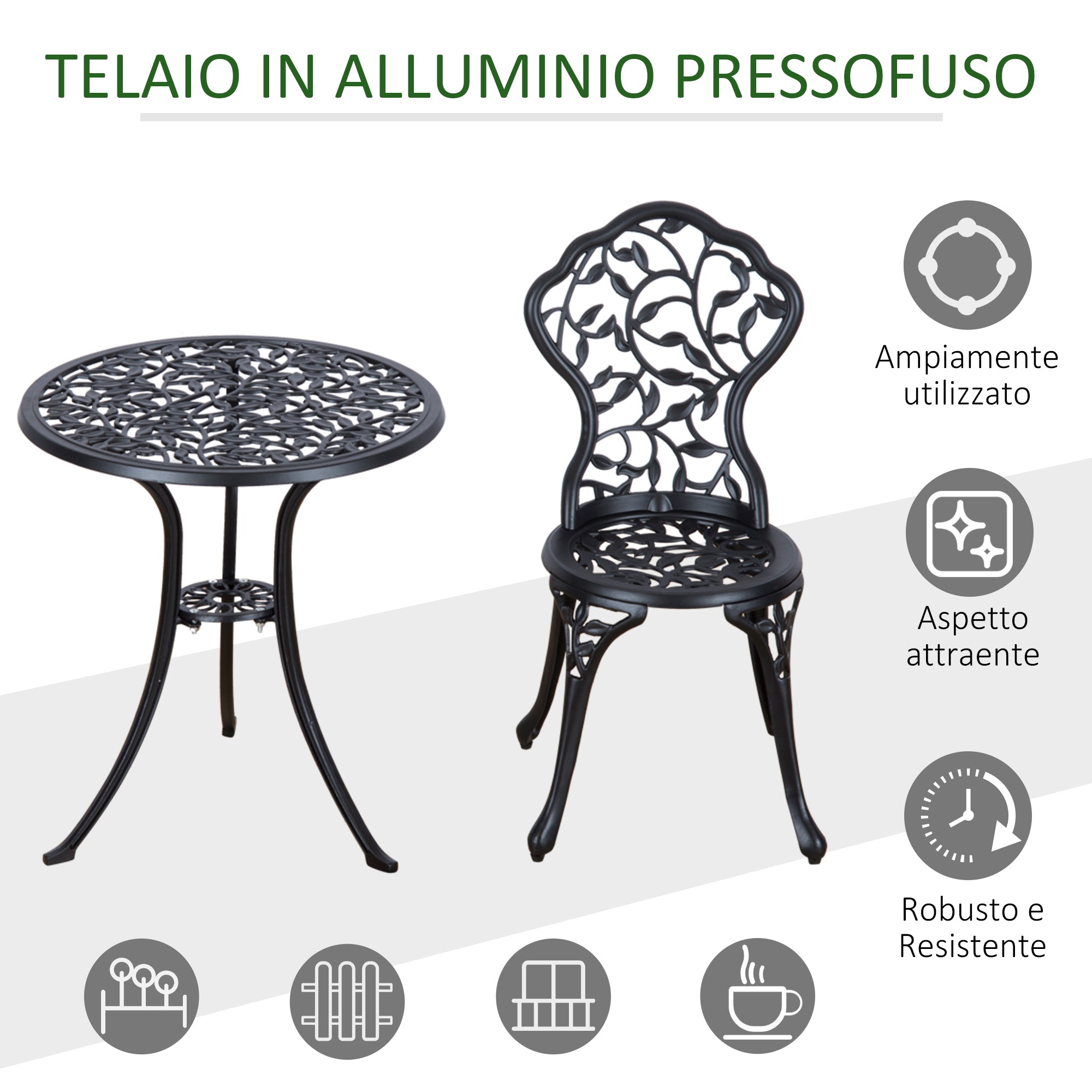 3-Piece Garden Set with 2 Outdoor Chairs and Round Aluminum Table, Black
