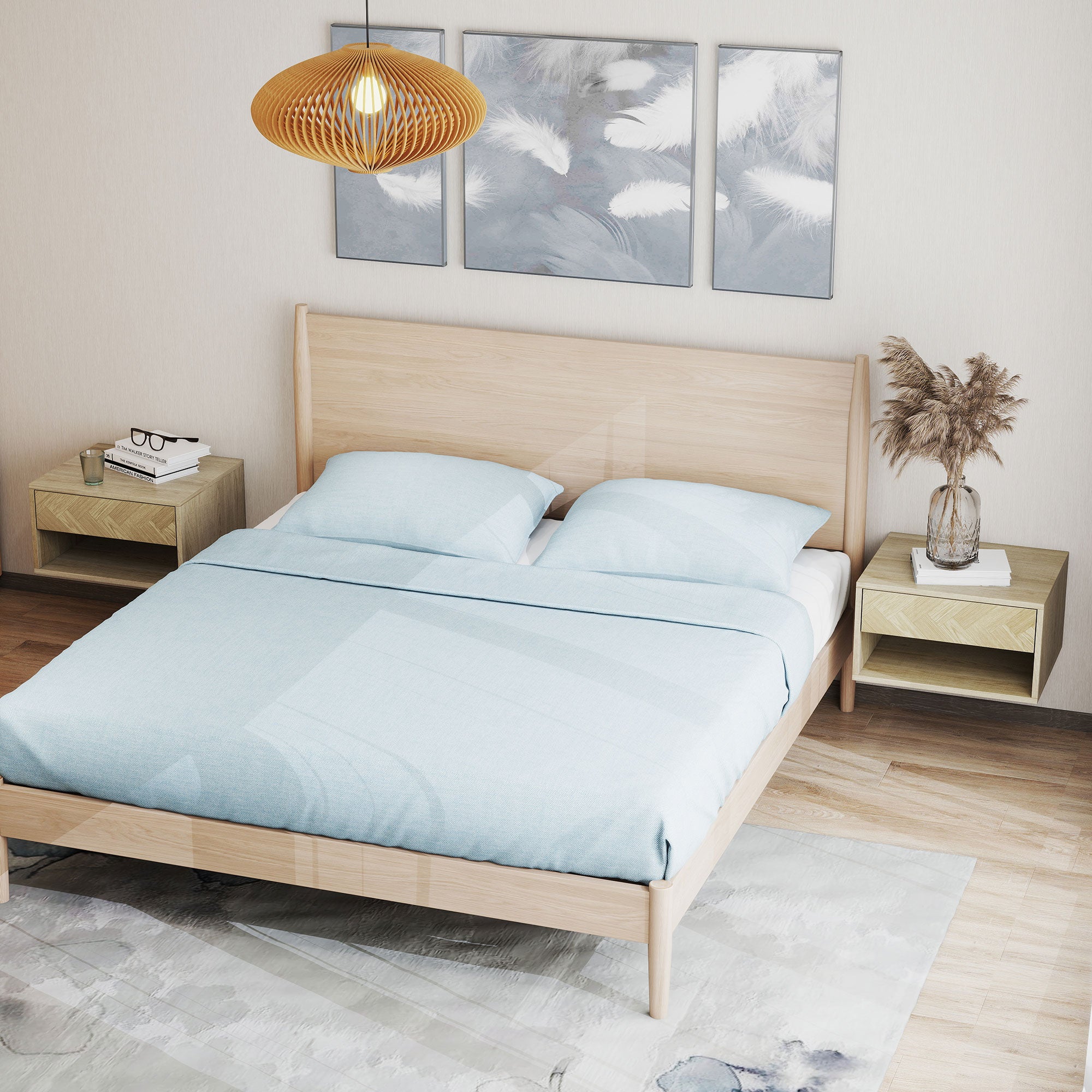 HOMCOM Set of 2 Modern Floating Bedside Tables with Drawer and Open Compartment, 37x32x21 cm, Natural Wood