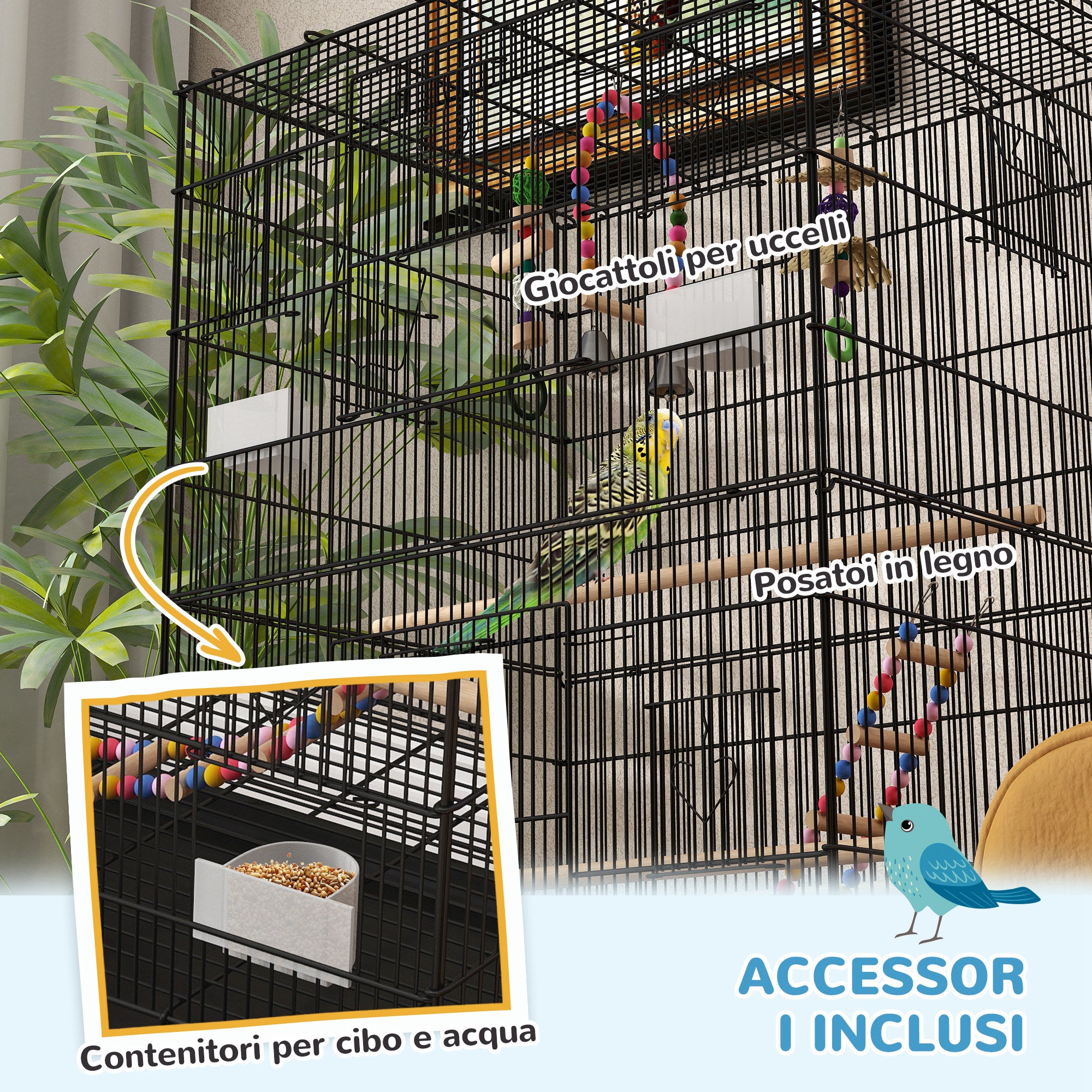 PawHut Bird Cage with Play Area, Wheels, Removable Tray and Shelf, 64x45x110 cm, Black