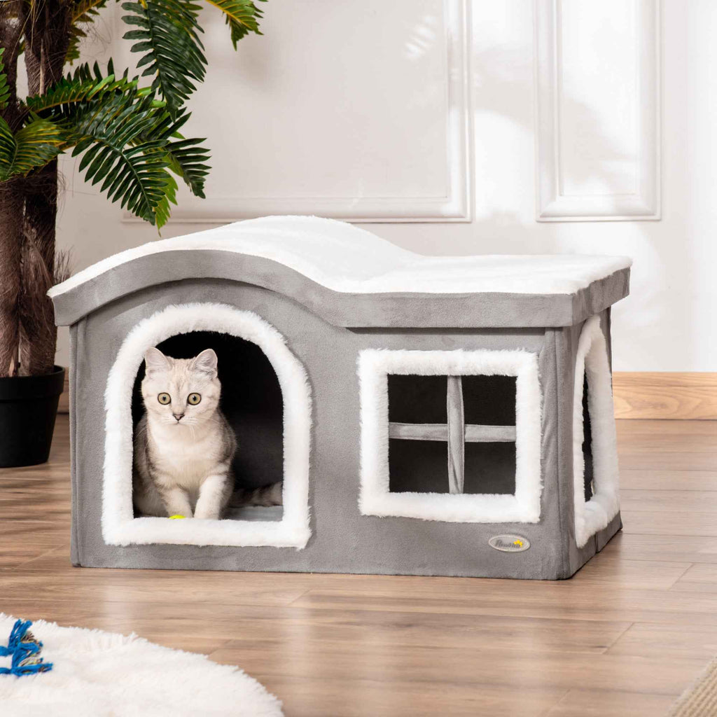 Pawhut Indoor Cat House with 2 Entrances, Window and Non-Slip Base, 63.5x37x40 cm, Grey