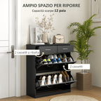 Shoe Rack of 12 Pairs with 2 Adjustable Internal Shelves and 2 Drawers, in Wood, 80x30x91.5 cm, Black