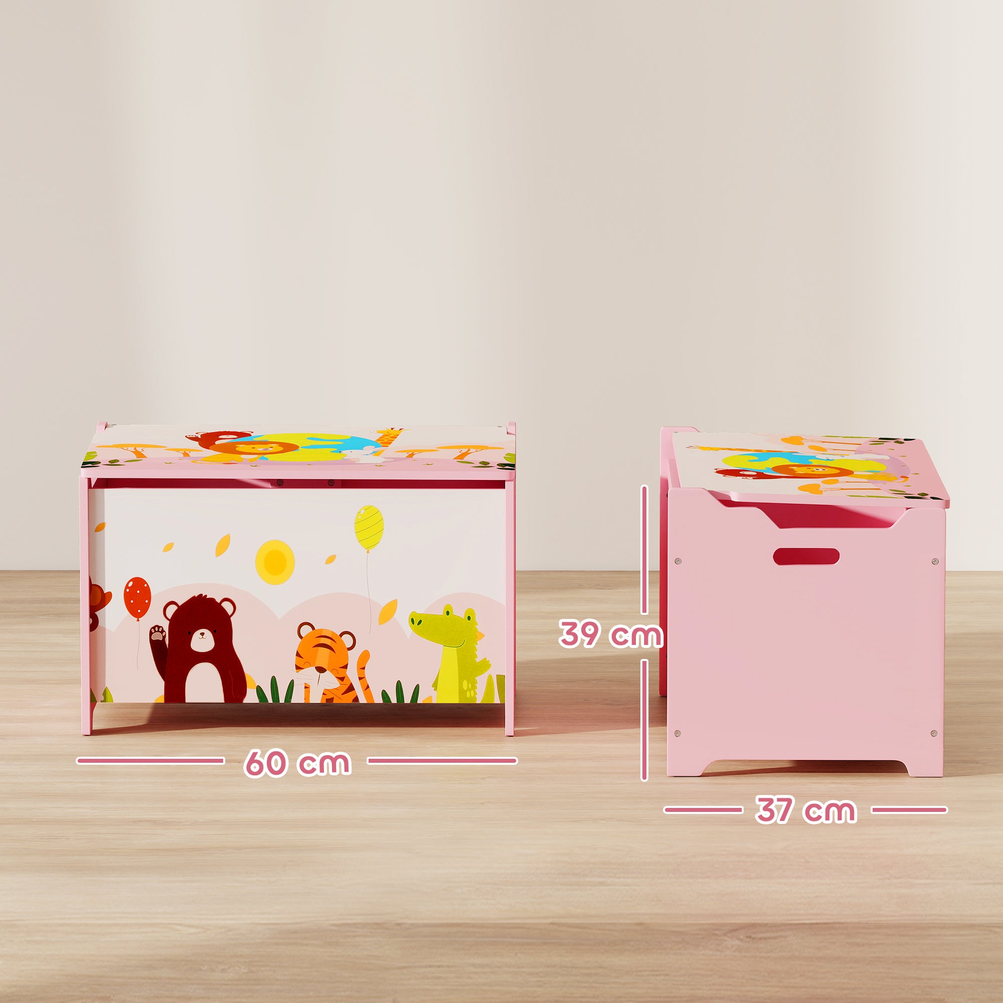 Children's Toy Storage Chest with Safety Hinges, Wooden Animal Design, 60x37x39 cm, Pink