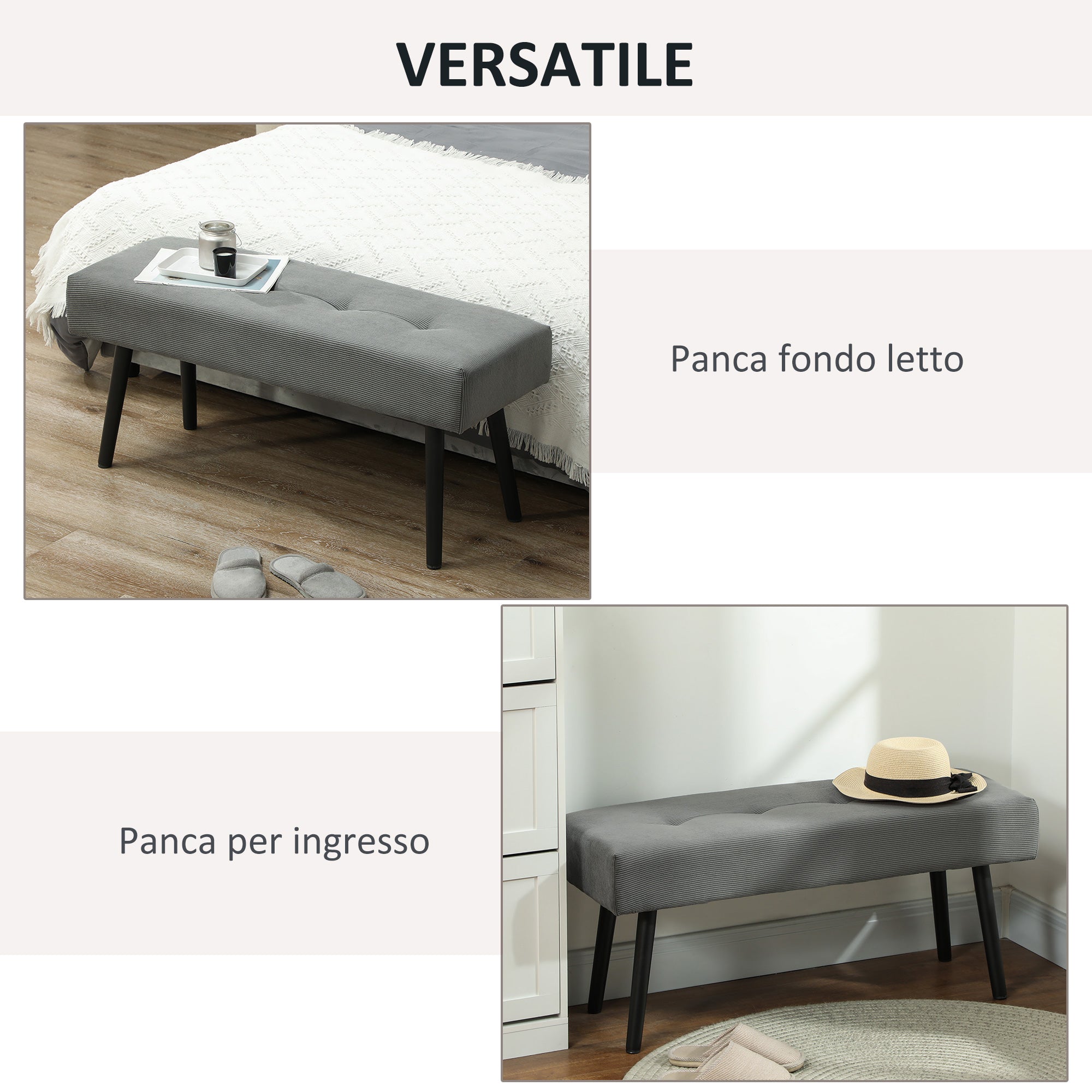 Quilted Bed End Bench in Corduroy Effect Fabric and Steel, 100x36x45 cm, Grey