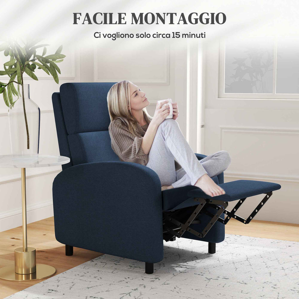 HOMCOM 160° Manually Reclining Relaxing Chair with Fabric Footrest, Blue