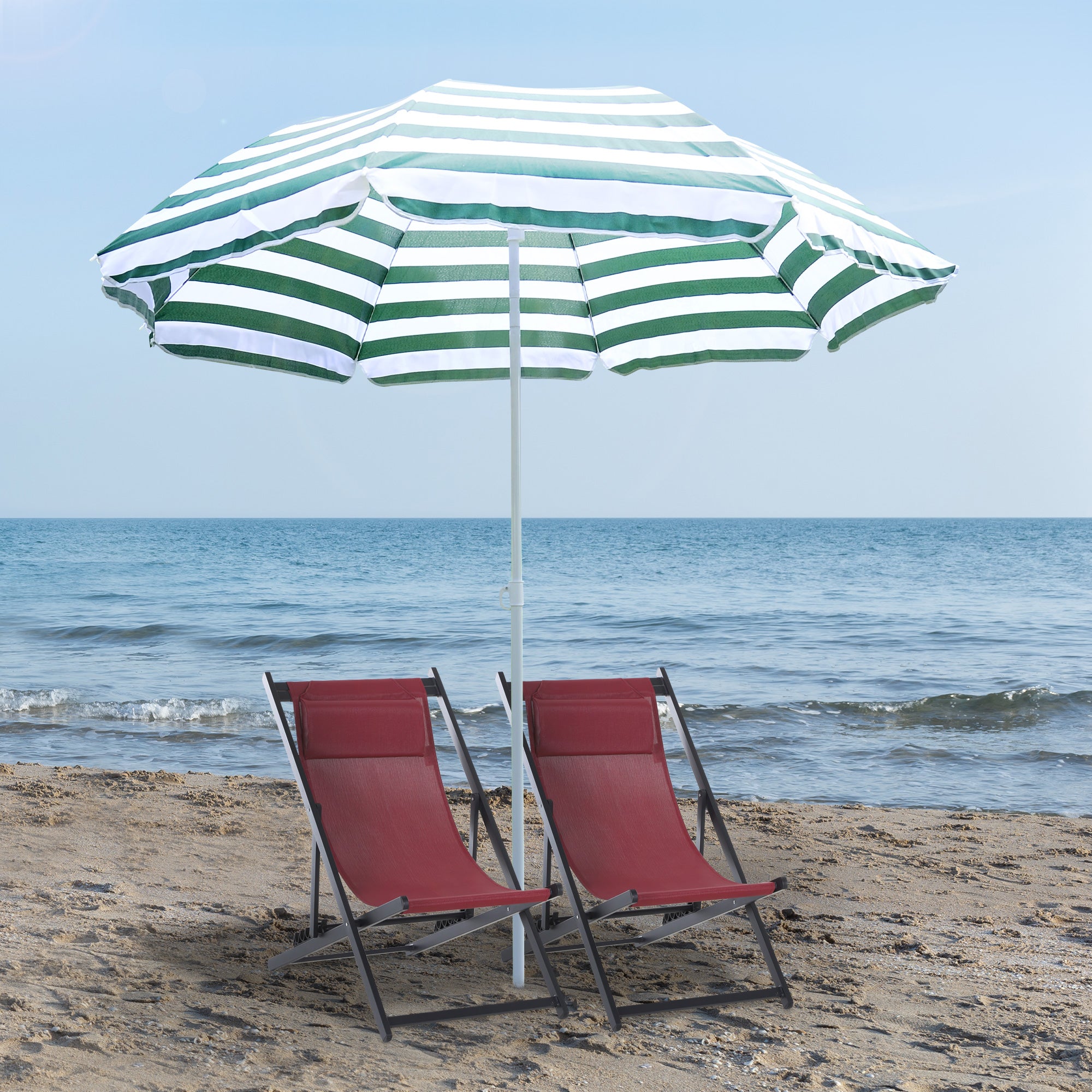 Tilting and Round Beach Umbrella in Metal and Polyester, Ø1.8x2 m, Green and White