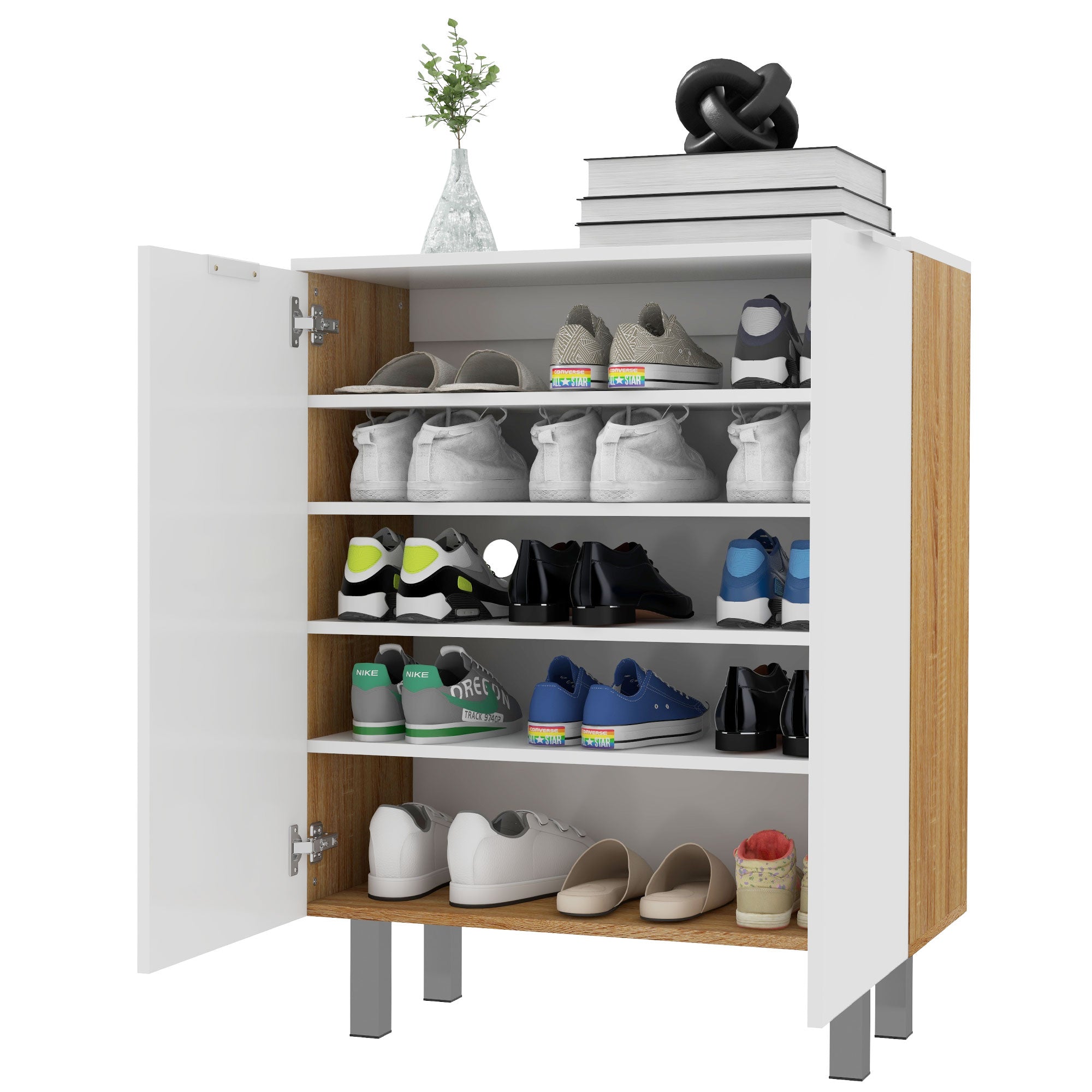 HOMCOM Modern Shoe Rack for 15-20 Pairs of Shoes, 5 Shelves and Soft Closing, Glossy White - Borgè