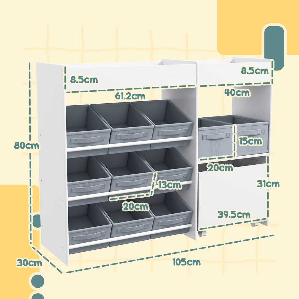 Children's Toy Storage Cabinet with 11 Fabric Baskets, Cabinet and Shelves, 105x30x80 cm, White