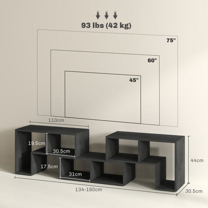 TV Unit 75" max Modular TV Stand with 2 L-Shaped Shelves and Rectangular Shelf, Wooden, 134-180x30.5x44 cm, Black